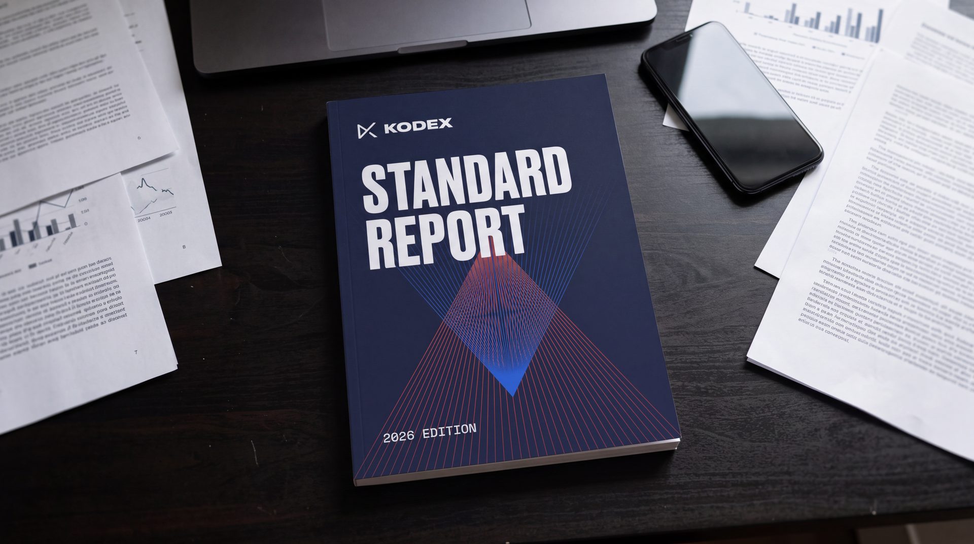 Overhead view of the Kodex Standard Report on a desk among printed pages, a laptop and a phone.